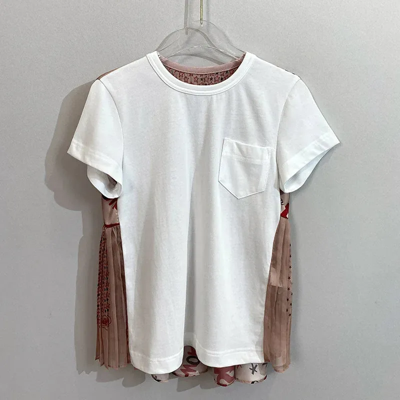 Znbbw 2024 Summer Pleated Printed Tees O Neck Short-sleeved Y2k Tops Loose Casual Ropa Mujer Hit Color Fake Two T Shirt - Image 7