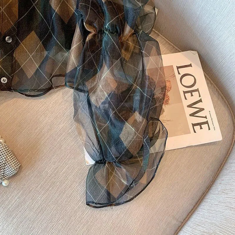 Znbbw Argyle Chiffon Blouse Women Thin Perspective Plaid Flare Sleeve Casual Tops Summer Elegant Office Ladies Button Shirts - Image 5