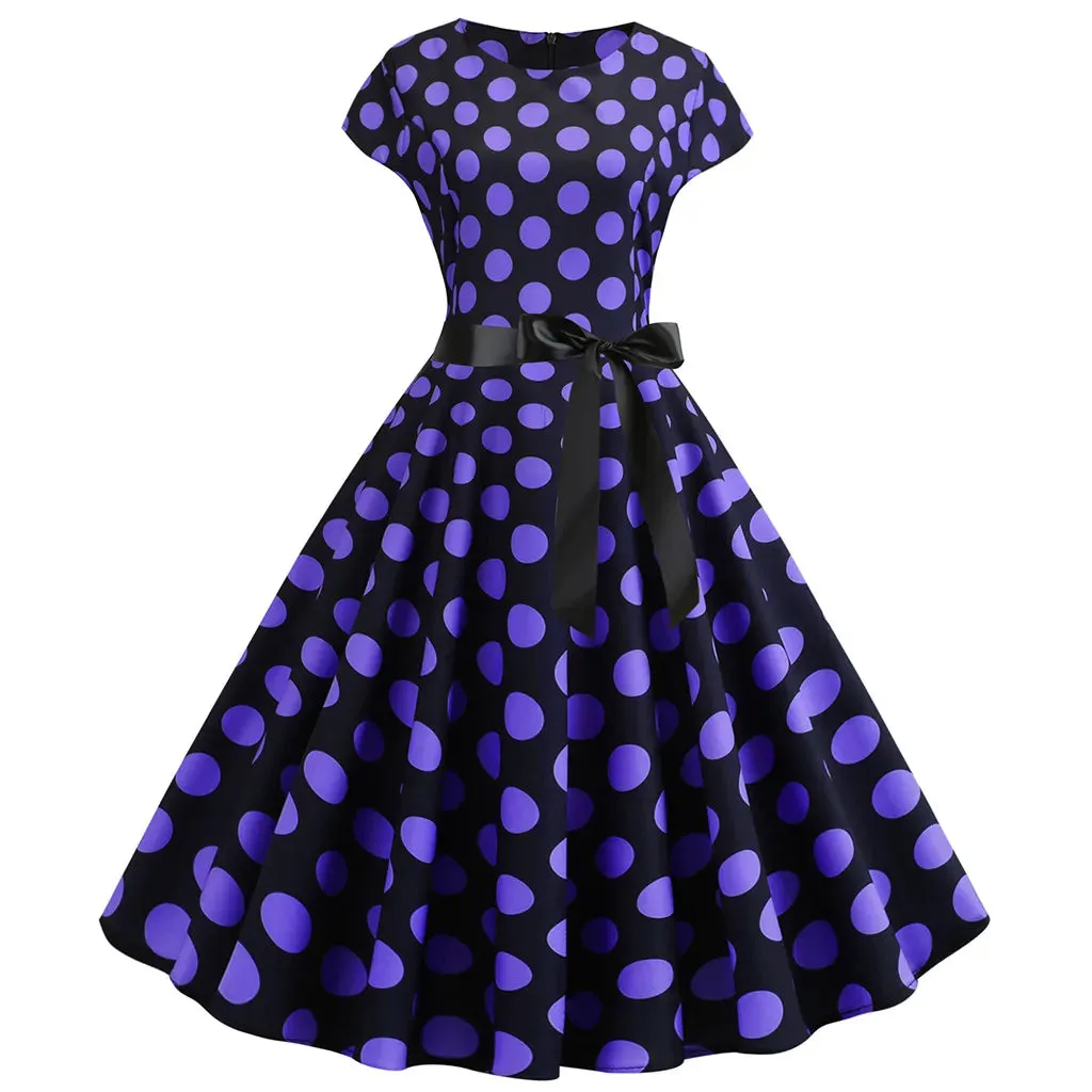 Znbbw Women Vintage 1950s 60s Polka Dot Print High Waist A-line Swing Party Dress Retro Short Sleeve With Belt Evening Prom Dress - Image 2