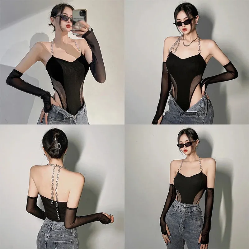 Znbbw Women's Bodysuit American Retro Chain Gauze Splicing Slim Sexy Long Sleeves Basic Jumpsuit Top - Image 6