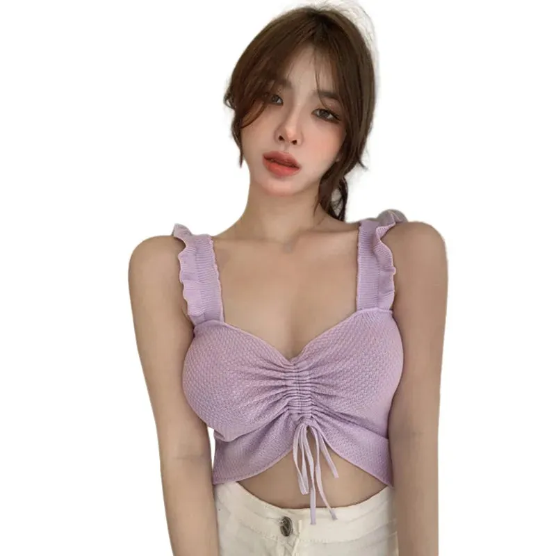 Znbbw Women's Korean V-neck Tank Top Drawstring Slim Fit Sexy Open Umbilical Knitted Strap Tank Top - Image 10
