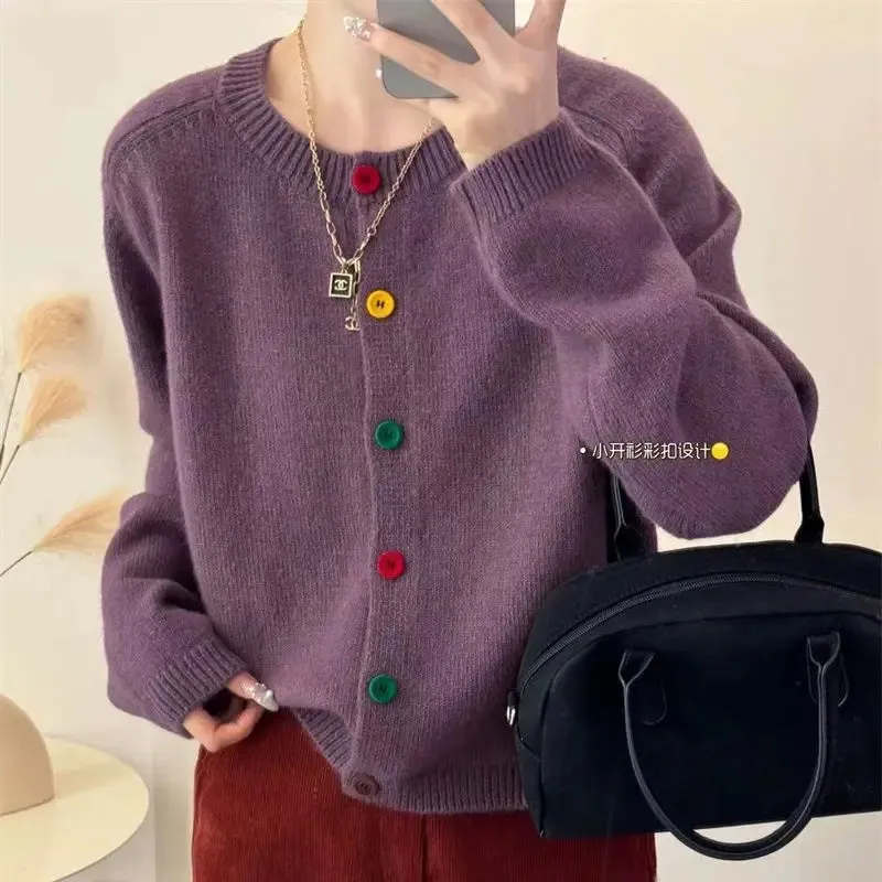 Znbbw Sweet and Fresh Round Neck Colorful Button Knitwear Coat Academy Style Western Versatile Sweater Women's Cardigan - Image 5