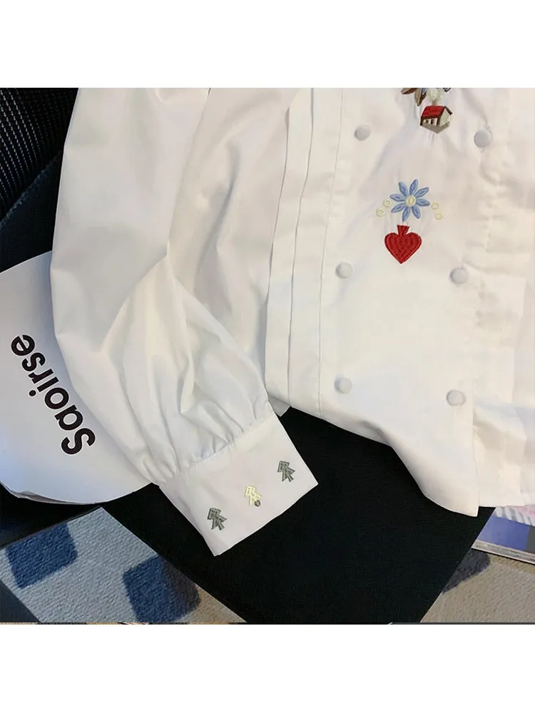 znbbw Women's French Vintage Shirt Embroidery Blouses Elegant Loose Polo-Neck Double Breasted Long Sleeve Blouses Spring 2023 Female - Image 3