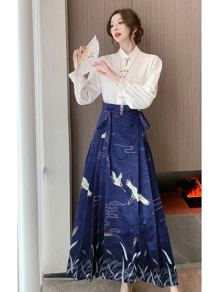 Znbbw Women Spring Autumn New Chinese Style Printing Leisure Time Temperament Hanfu Horse Face Skirt Satin Fabric Long Skirt  D5322 - Image 6