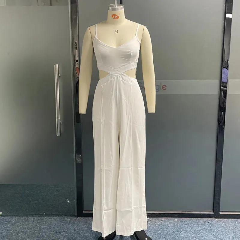 Znbbw Women Jumpsuit Summer Fashion Sexy Solid Suspenders V Neck Sleeveless Cutout Casual Wide Legs Pants Romper Streetwear - Image 4