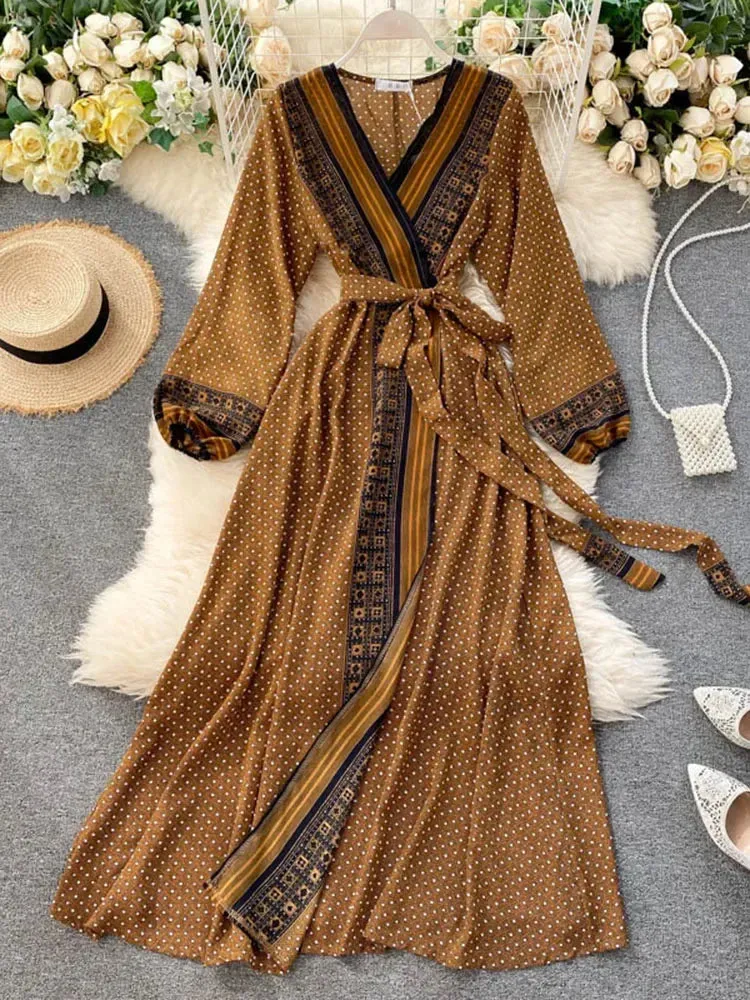 Znbbw Autumn Women's Holiday Dress 2024 New Thin Chiffon Retro Print Lace-up Waist Slim Long Dress for Women LL975 - Image 4
