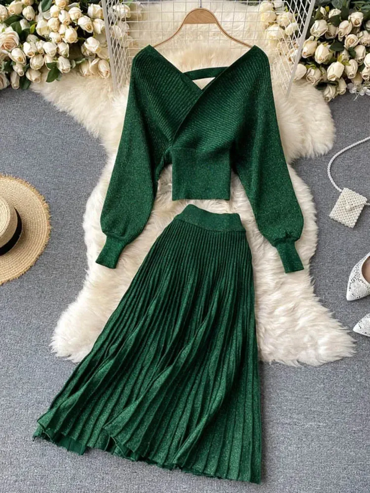 Znbbw Women Korean New Style Cross V-neck Puff Sleeve Short Waist Top + Elastic High Waist Pleated Skirt Knitting Two Piece D039