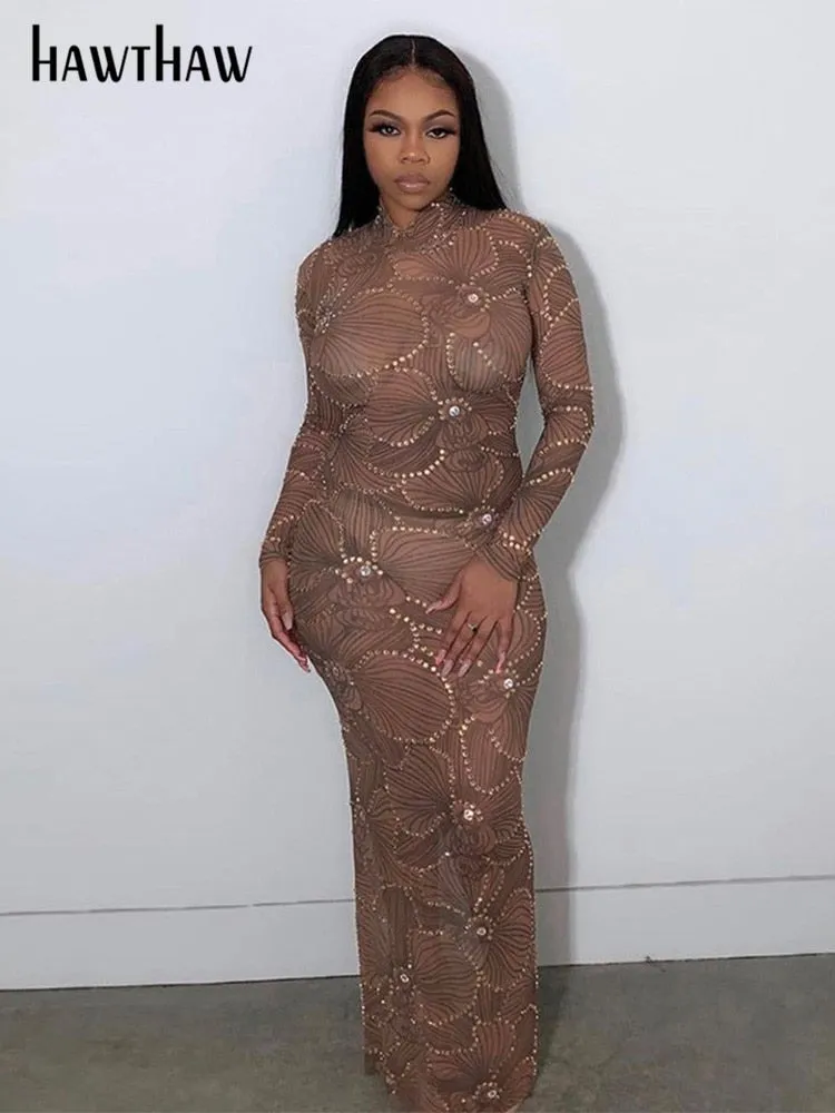 Znbbw Women Long Sleeve Party Club Evening Bodycon See Through Long Dress 2023 Autumn Clothes Wholesale Items For Business - Image 3