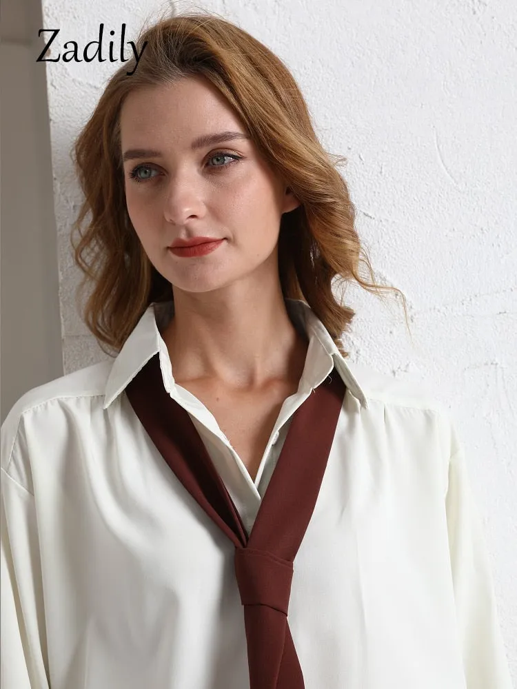 znbbw 2023 Spring Office Lady Long Sleeve Folds Women Basic Shirt Minimalist Tie Button Up Loose Woman Tunic Blouse Clothing - Image 6