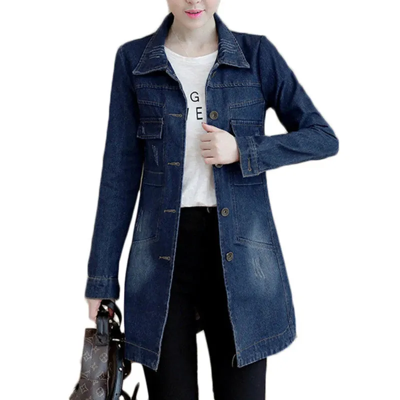 Znbbw Autumn Winter Korean Denim Jacket 5XL Women Slim Long Base Coat Women's Frayed Navy Blue Casual Female Jeans Jackets Coats - Image 8