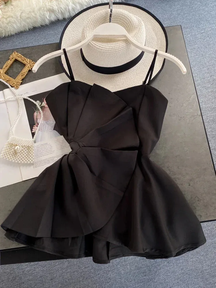 Znbbw Women's Blouse Korean Style Solid Color Ruffled Irregular Sling Shirt New Pleated Waist Sling Suspender Tops LL957 - Image 6