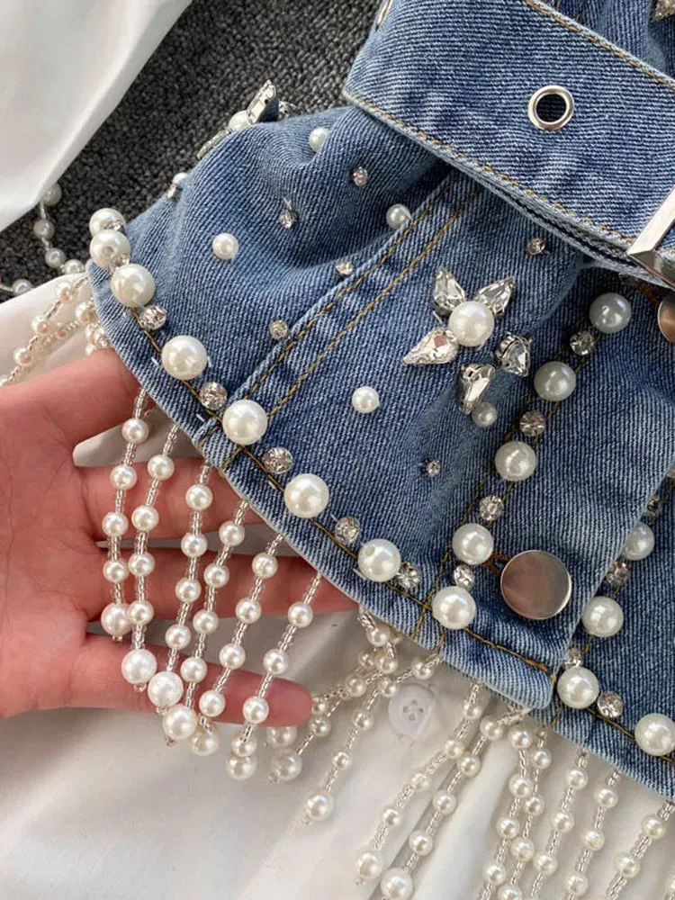 Znbbw Autumn New Blouse Women's Diamond Beaded Puff Sleeve Blusa Top Tassel Pearl Sling Waistcoat Two-piece Stacking Shirt C813 - Image 4