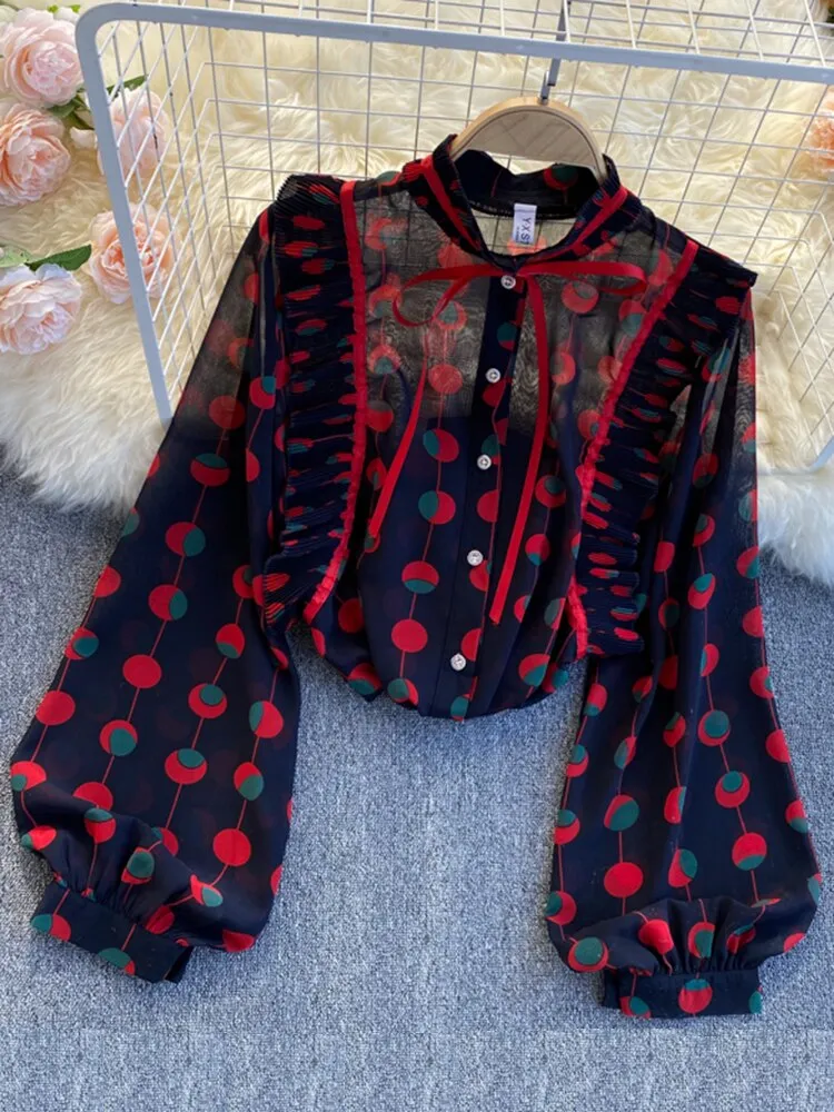 Znbbw Autumn Chiffon Blouse Female Pleated Wood Ear Slim Puff Sleeve Stand Collar Blusa Color Matching Polka Dot Shirt C433 - Image 3