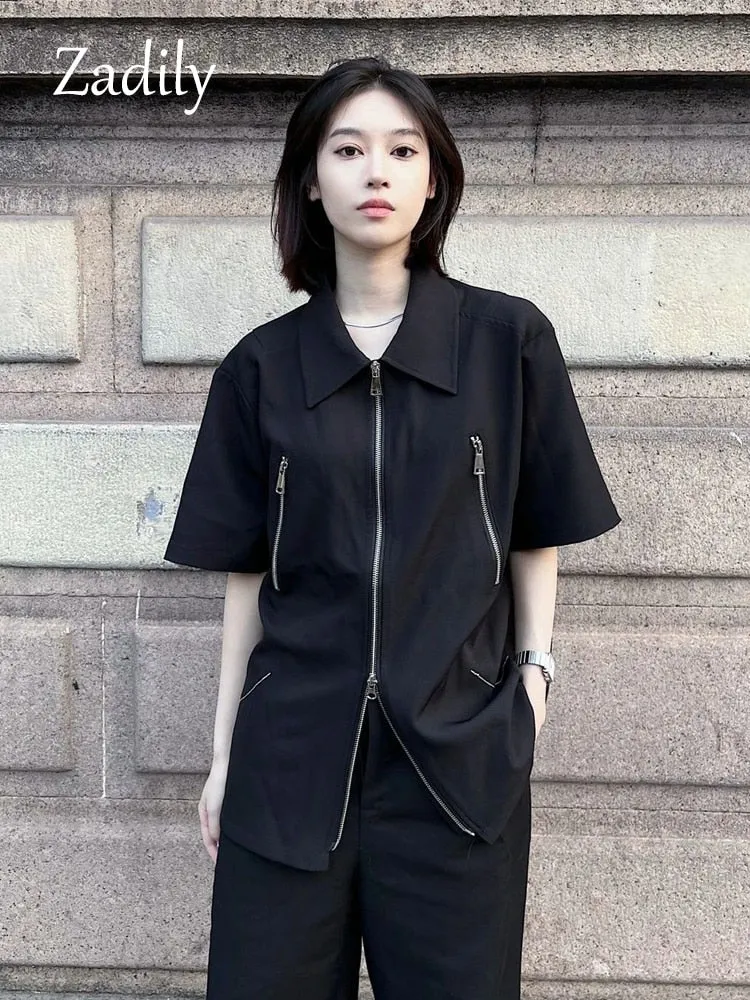 znbbw 2023 Summer Streetwear Short Sleeve Woman Black Shirt Oversize Y2K Zipper Up Woman Tunic Blouse Female Clothing Top - Image 6
