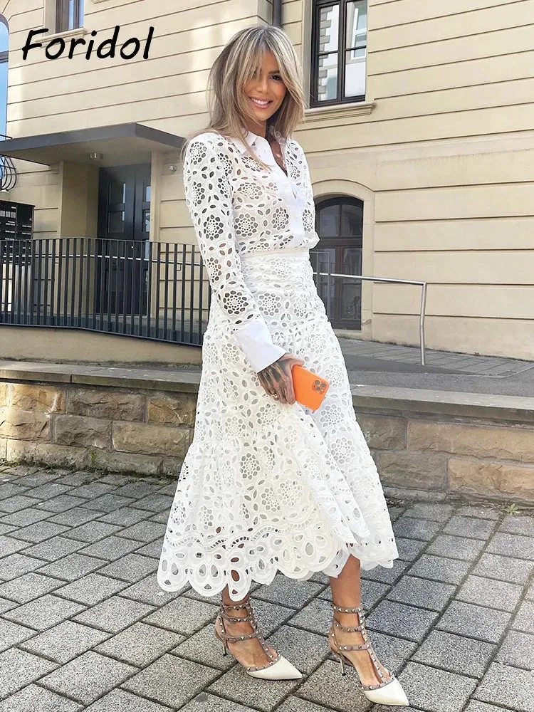 Znbbw Women Summer White Lace Dress Set Hollow Out Embroidery Shirt Skirt 2 Pcs Robe Outfits Single Breasting Cotton Maxi Dress - Image 3