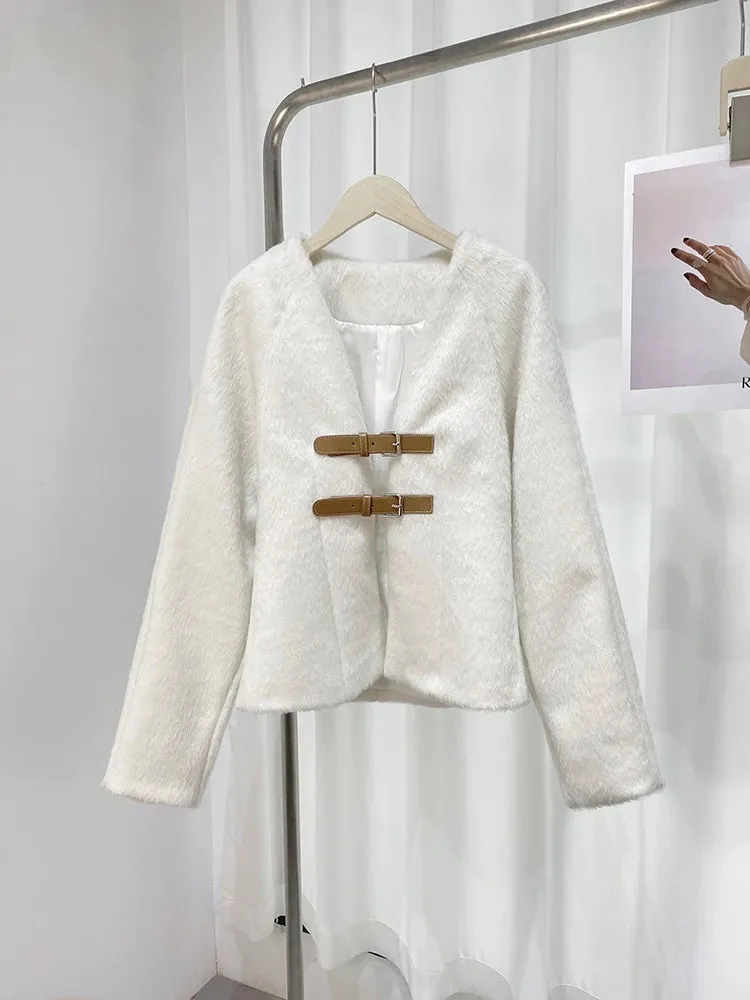 Znbbw Woolen V-neck Jacket Women 2024 Spring Summer Solid Temperament Slim Long Sleeve Buckle Coats Elegant Lady Office Overcoat - Image 6