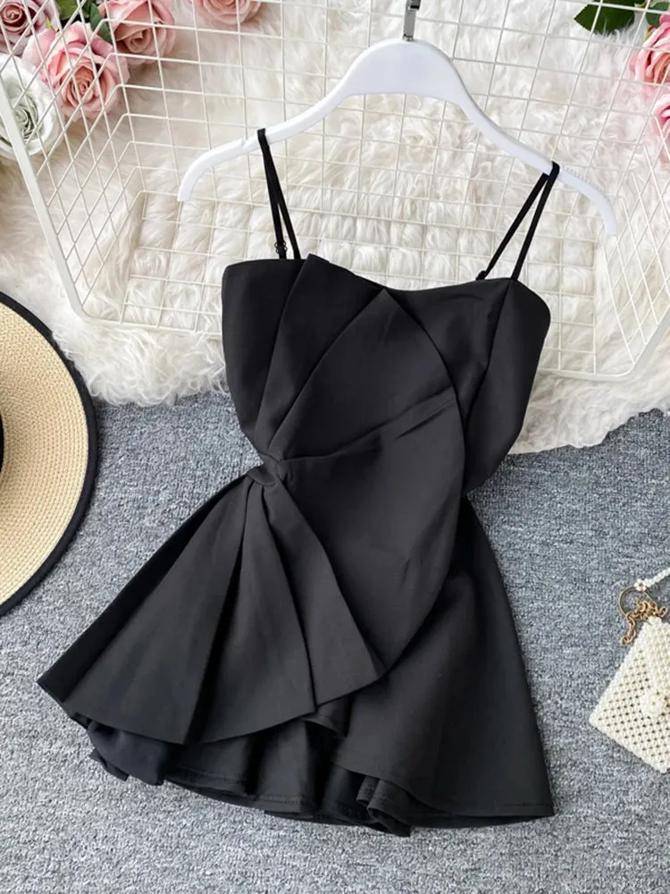 Znbbw Women's Blouse Korean Style Solid Color Ruffled Irregular Sling Shirt New Pleated Waist Sling Suspender Tops LL957 - Image 7