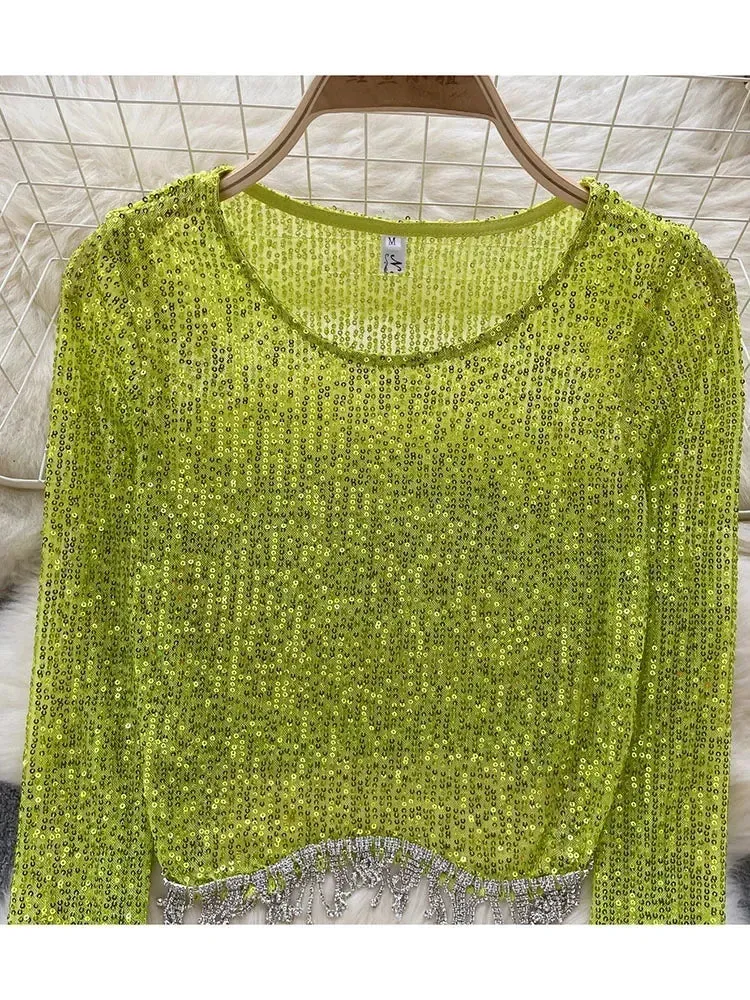 Znbbw Women Spring Autumn Blouse European American Top Design Sense Niche Sequin Base Shirt High-end Tassel Light Luxury Top D5352 - Image 3