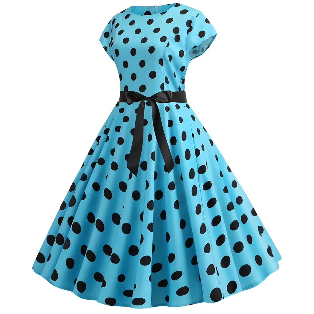 Znbbw Women Vintage 1950s 60s Polka Dot Print High Waist A-line Swing Party Dress Retro Short Sleeve With Belt Evening Prom Dress - Image 5