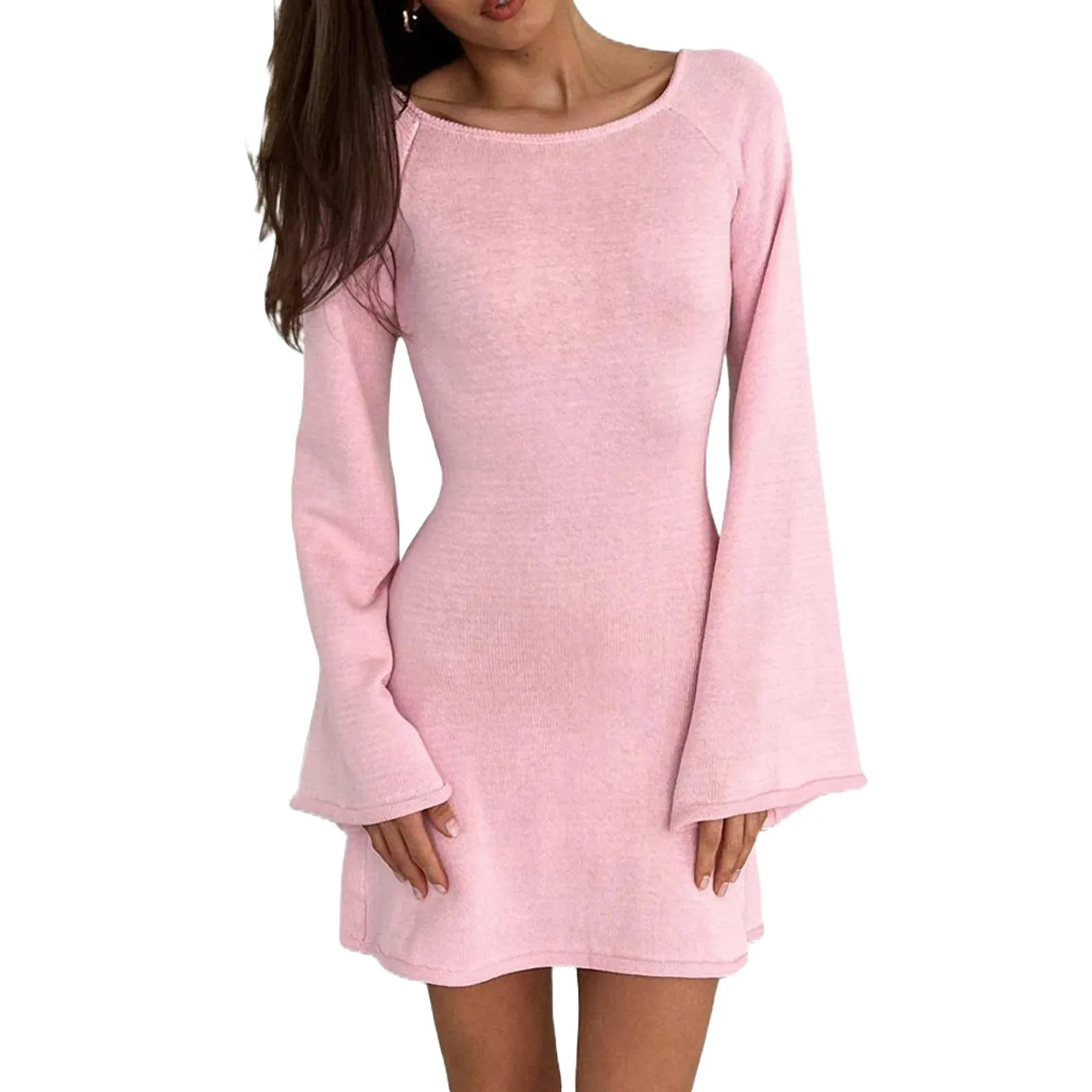 Znbbw Women Knitted Dress Casual Solid Color Backless Long Sleeve Mini Party Dress for Beach Cocktail Club Streetwear - Image 7