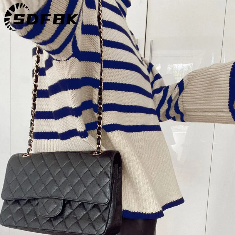 Znbbw Women Turtleneck Sweaters Striped Split Autumn Winter Long Flare Sleeve Knitted Pullover Oversized Y2K Female Knitwear Top - Image 3