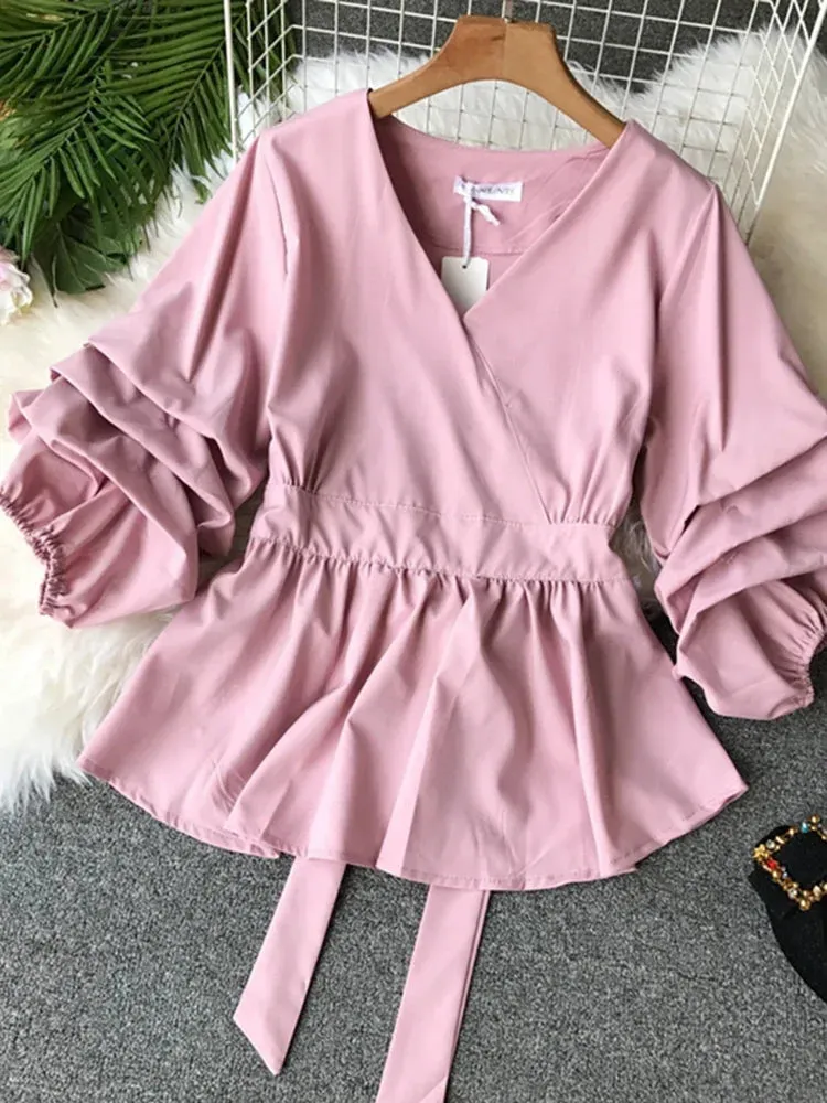 Znbbw Women's Spring Summer Shirt Top New Fashion Shirt V-neck Three Quarter Bow Lacing Waist Pleated Top Shirt Blouse ML831 - Image 9