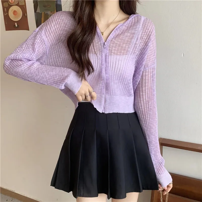 Znbbw Arrival Hoody Knitted Cardigan Girls Summer Thin Transparent Zipper Tee Shirts Women Outerwear Crop Tops - Image 8