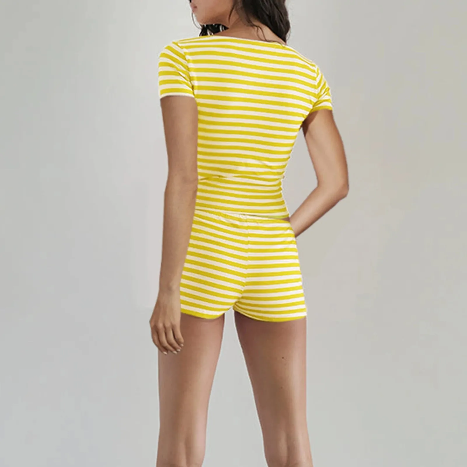 Znbbw Women Summer 2000s Aesthetic 2 Piece Casual Outfits Short Sleeve Striped Print T-shirts Tops+Low Waist Shorts Clothes Streetwear - Image 4