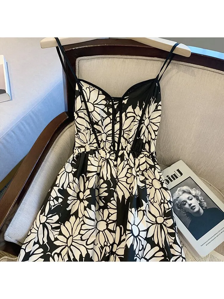 znbbw Women Summer Sexy Backless V-Neck Floral Print Suspender Dresses Vestido 2023 Spring French Vintage Party Dresses Female Vestido - Image 4