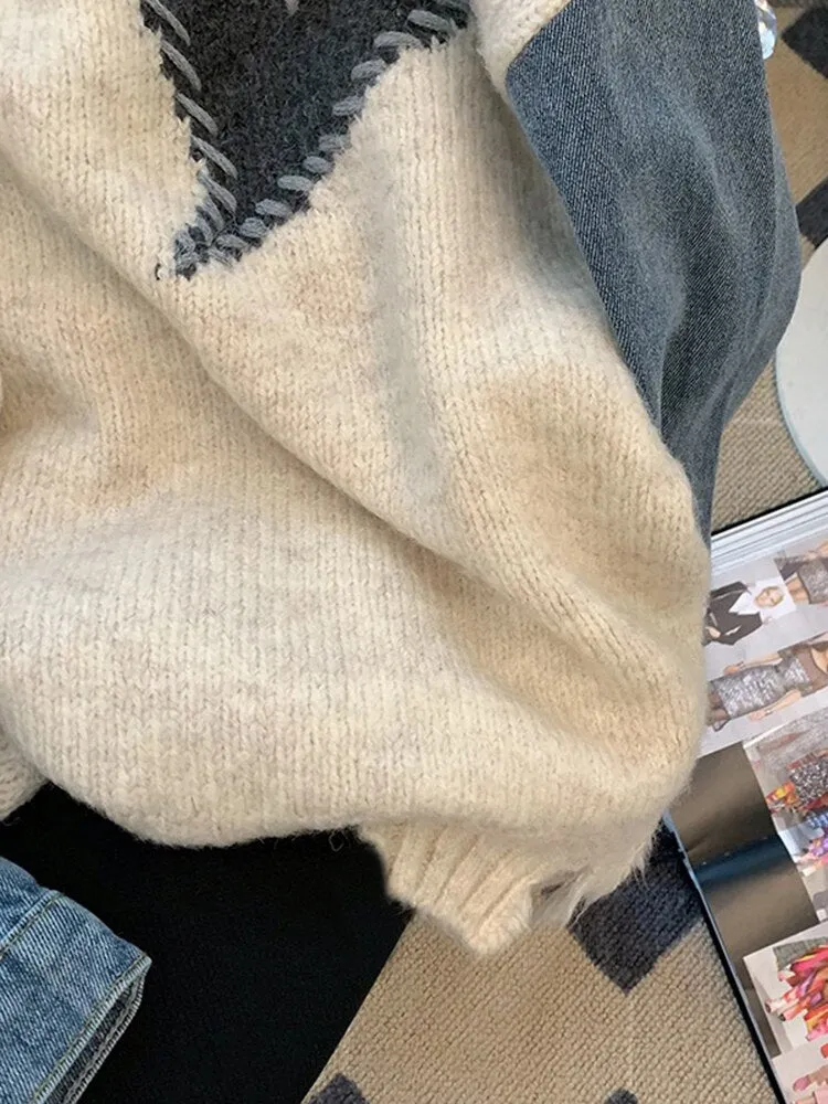 znbbw Autumn Winter Women Denim Patchwork Sweater Long Sleeve O-Neck Heart Pattern Knitted Pullovers Loose Stitching Sweatshirt - Image 4