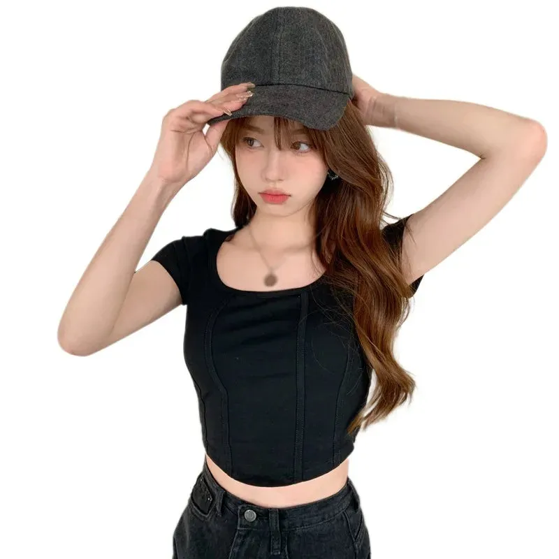 Znbbw Women's Short Sleeve T-Shirt Irregular Slim Sexy Expose Navel Square Collar T-Shirt - Image 6