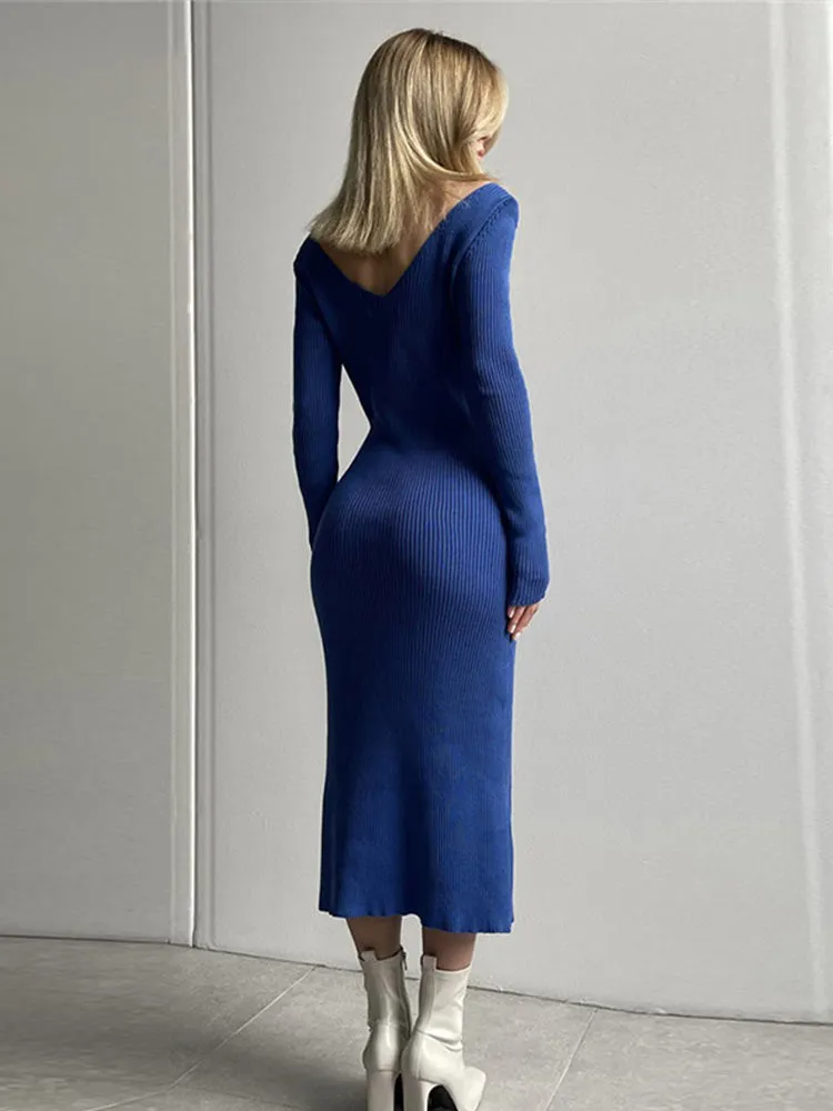Znbbw Women Winter Knitted Backless Elegant Sweater Dress Casual Long Sleeve V-Neck Slim Skirt Lady 2023 New Bodycon Midi Dresses - Image 3