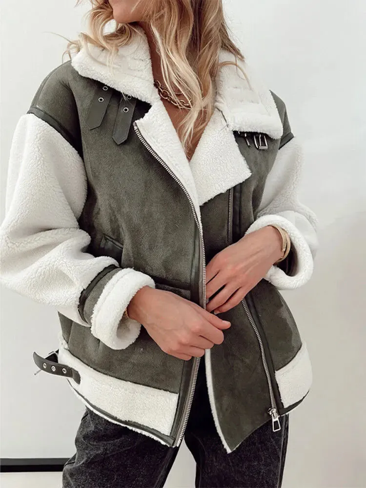 Znbbw Women Lapel Spliced Coats Vintage Double Pockets Long Sleeve Zippers Jackets 2023 Female Thick Warm Outerwear Autumn - Image 5