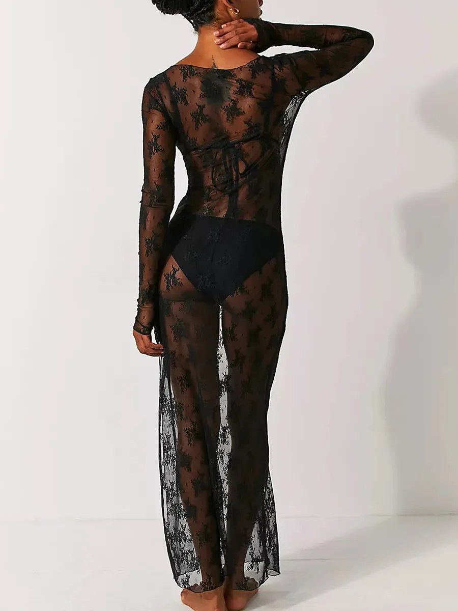 Znbbw Women??s See-Through Lace Dress Long Sleeve Slit Hem Dress Chemise Vacation sexy robe nightclub girls tight clothes - Image 2