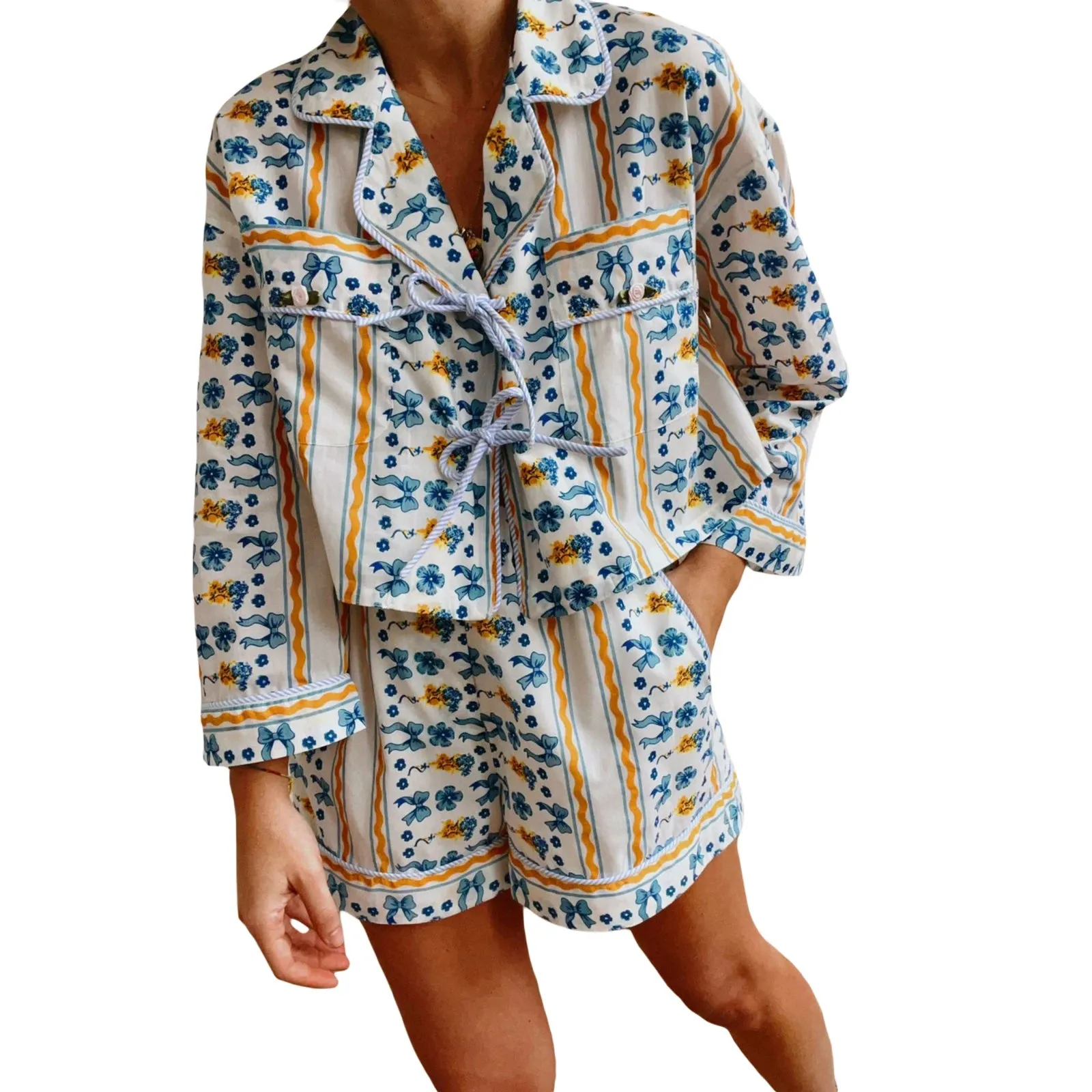 Znbbw Women y2k Aesthetic Tie Front 2 Piece Clothes Sets Floral Print Long Sleeve Elegant Shirts Tops Loose Shorts Loungewear Outfits - Image 7