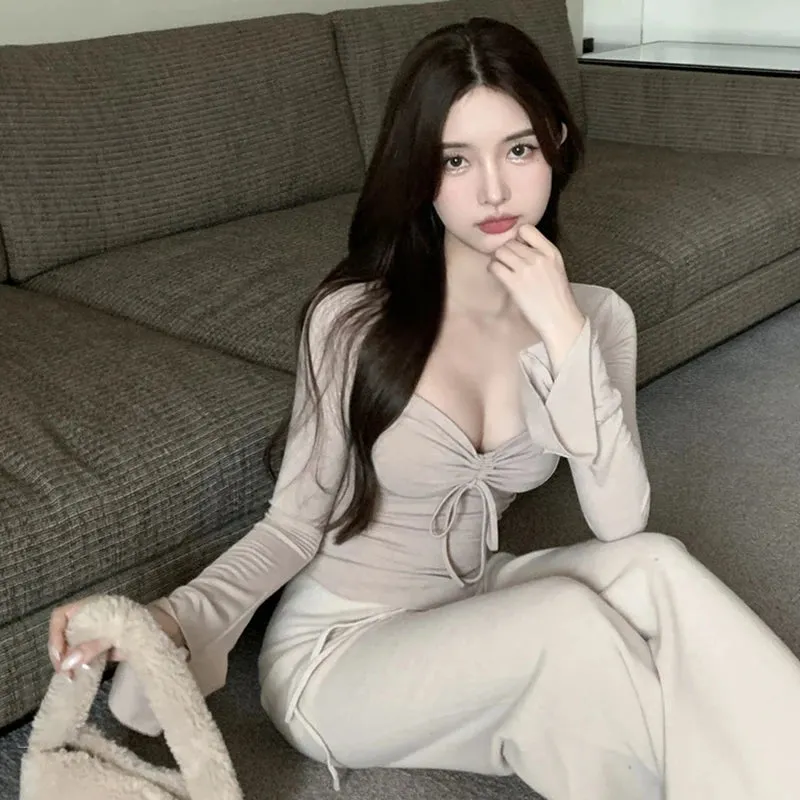 Znbbw Women's T-shirt Solid Square Neck Slim Fit Sexy Slim Fit Sweet Spicy Long Sleeve T-shirt Short Top - Image 6