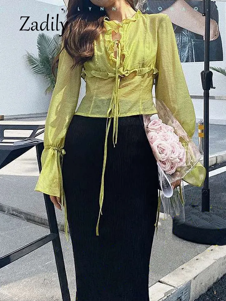 znbbw 2023 Spring Sexy Ruffled Flare Long Sleeve Women Blouse Korea Style Vintage Transparent Short Chiffon Shirt Ladies Tops - Image 5