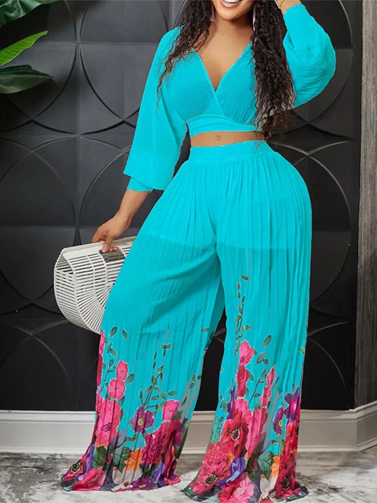 Znbbw Women Print Pleated Wide Leg Pants 2 Piece Sets Solid V-neck Long Sleeves Crop Tops Suits Summer female Floral Vacation Outfits - Image 3