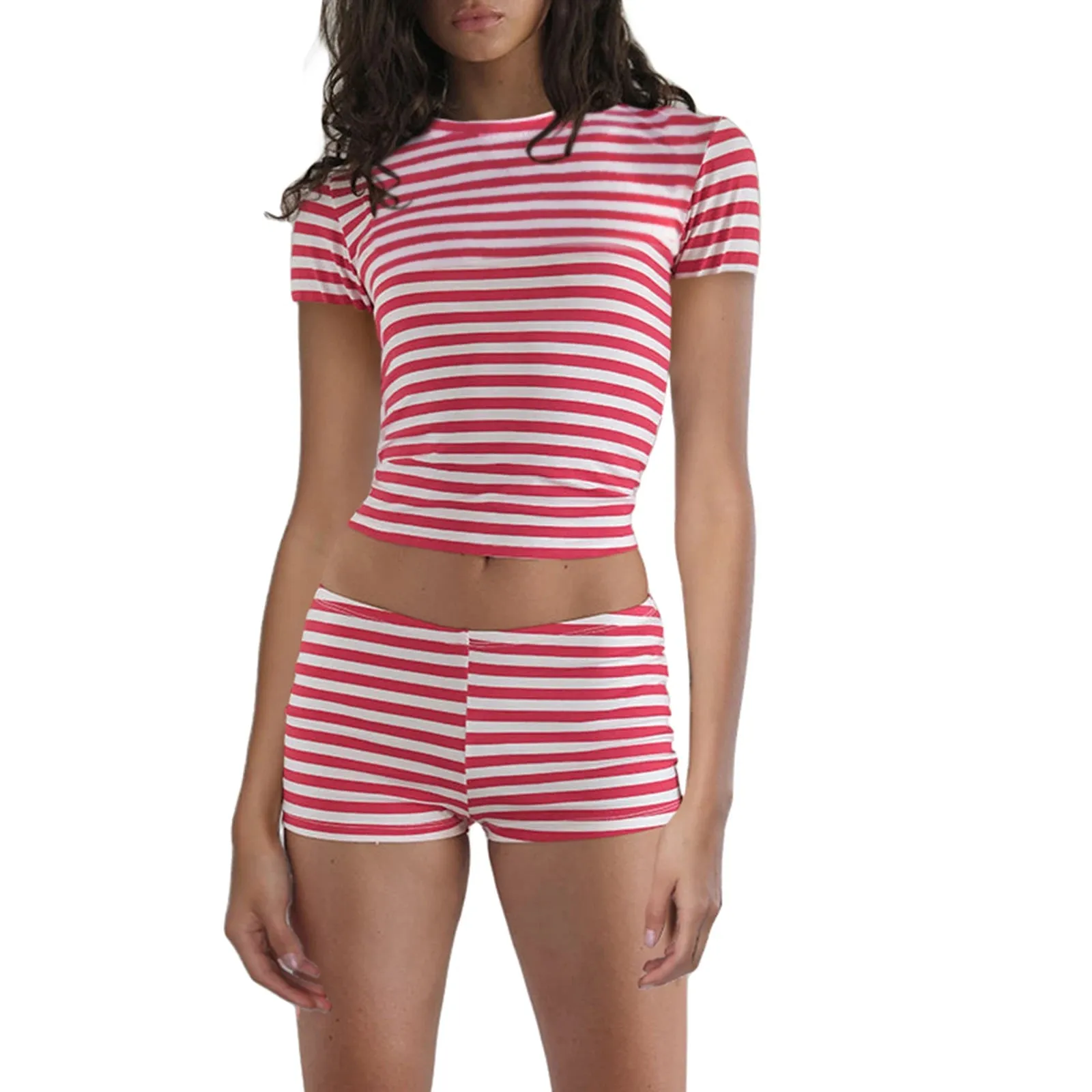 Znbbw Women Summer 2000s Aesthetic 2 Piece Casual Outfits Short Sleeve Striped Print T-shirts Tops+Low Waist Shorts Clothes Streetwear - Image 8