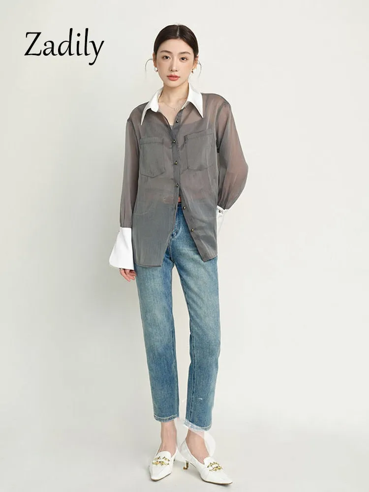 znbbw 2023 Summer Korea Style Long Sleeve Sheer Women Shirt Office Lady Loose Button Up Patchwork Woman Blouse Work Female Tops - Image 4