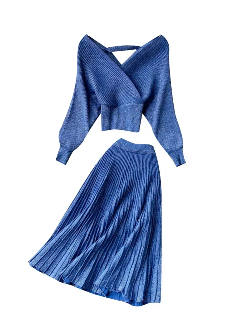 Znbbw Women Korean New Style Cross V-neck Puff Sleeve Short Waist Top + Elastic High Waist Pleated Skirt Knitting Two Piece D039 - Image 6