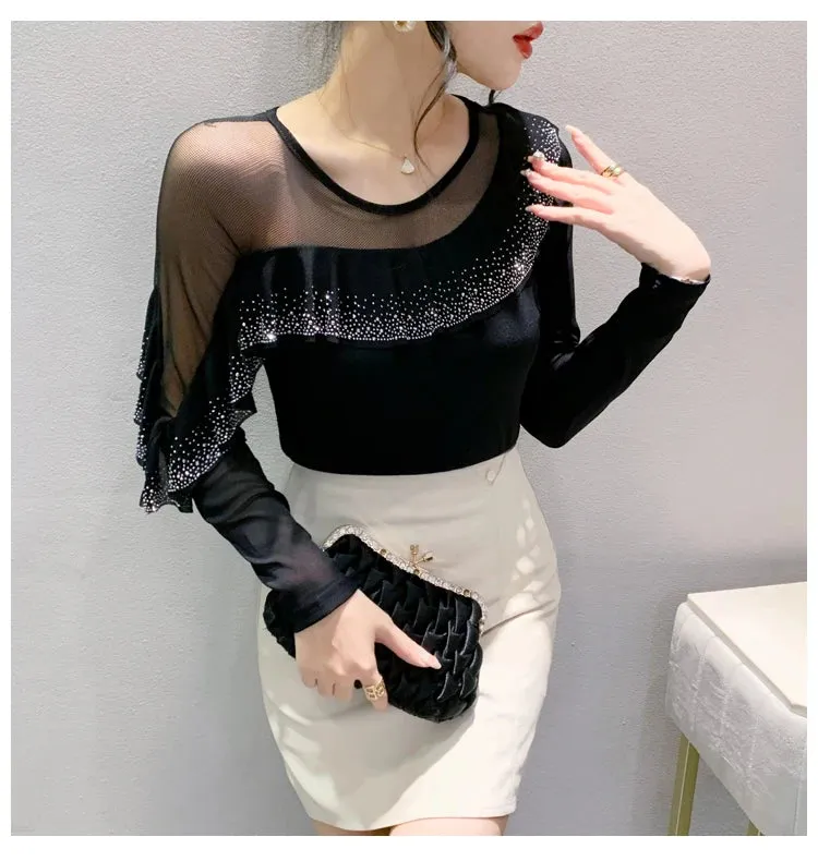 Znbbw Autumn Ringstones Ruffles Long Sleeve Mesh T-shirt Tee New Female Round Collar Sheath Tops T-shirts for women - Image 2
