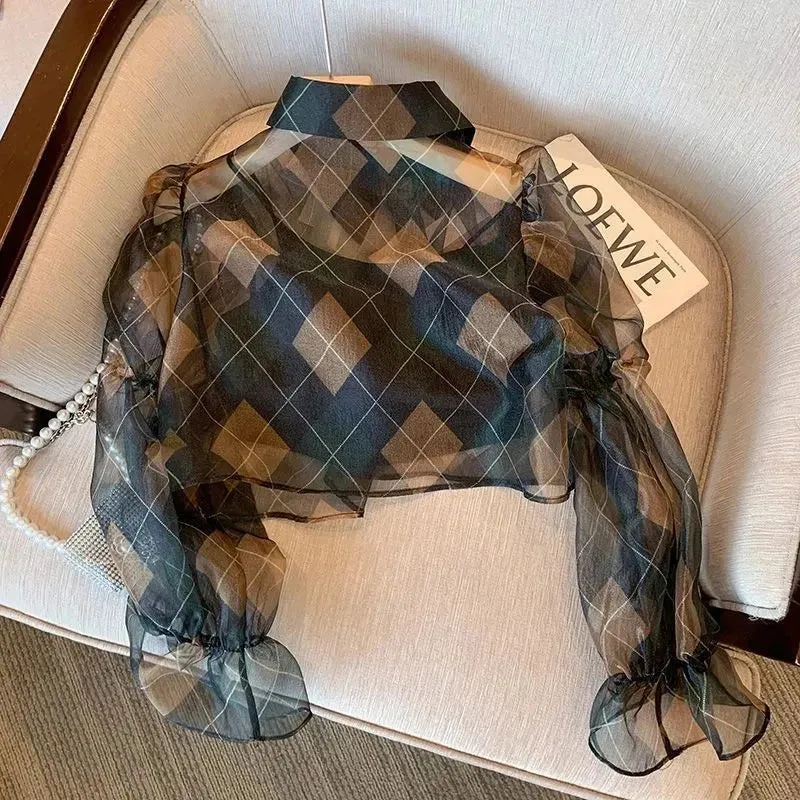 Znbbw Argyle Chiffon Blouse Women Thin Perspective Plaid Flare Sleeve Casual Tops Summer Elegant Office Ladies Button Shirts - Image 2