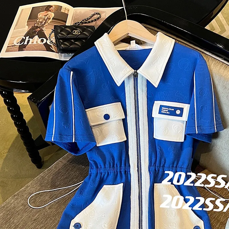 znbbw Women's Korean Elegant Klein Blue Short Sleeve Turndown Collar Midi Dress Sweet Preppy Style Golf Tennis Dress Female Junpsuits - Image 3