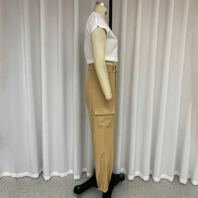 Znbbw Women Two Piece Set Summer Fashion Round Neck Sleeveless Top Casual Nipped Waist With Pocket Cargo Pants Sets Streetwear - Image 6