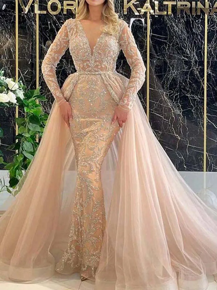 Znbbw Women Mermaid Deep V Neck Long Sleeve Gowns Lady Lace Hollow Out Simple Long-sleeved Dress 2023 Fashion Champagne Gold Robe - Image 2