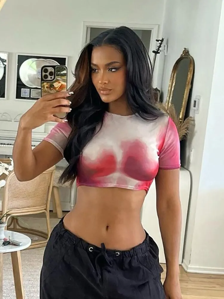Znbbw Women Tie Dyed Printing Casual Cute Slim Tshirt 2023 Summer Round Neck Navel Exposed Crop Tee Shirt New Y2K Clothes - Image 2