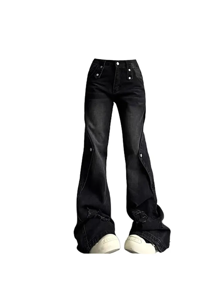 Znbbw Women's Baggy Flare Jeans Harajuku Y2k 90s Aesthetic Oversize Black Gothic Denim Trousers Emo 2000s Jean Pants Vintage Clothes - Image 2