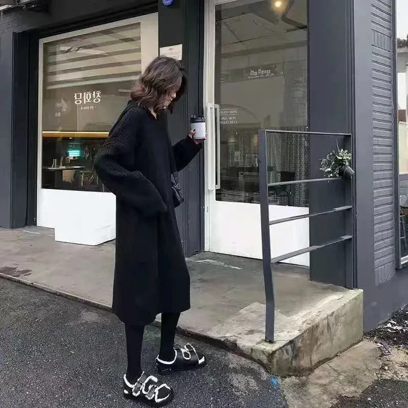 Znbbw Hooded Knitted Dress Women Solid Oversized Midi Dresses Winter Korean Elegant Thicken Loose Casual All Match Vestidos - Image 7