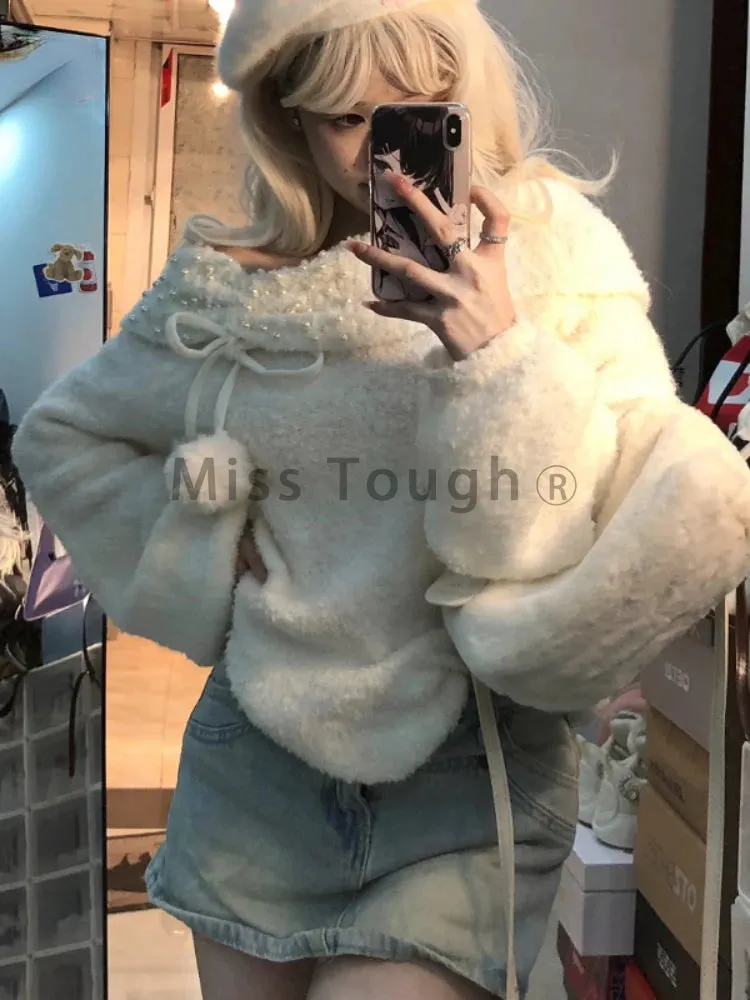 Znbbw Y2k Sexy Knitted Sweaters Women Off Shoulder Pearl Plush Ball Sweet Pullovers Famele Long Sleeves Casual Tops 2024 New - Image 5